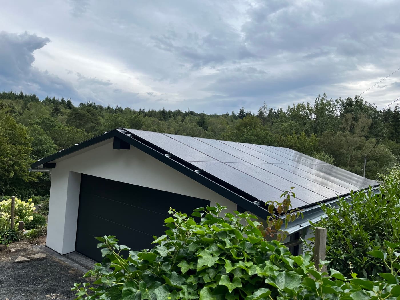 JinkoSolar-Full-Black-Module auf einem Satteldach vor Waldkulisse